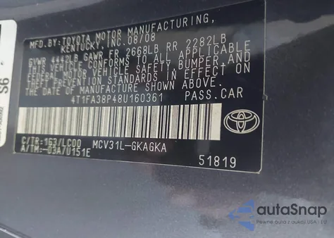 2008 Toyota Camry Solara Sle z USA, uszkodzony, nr VIN 4T1FA38P48U160361
